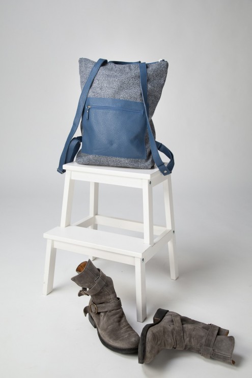 Rucksack blau Stoff / Loden mit Leder-Details passend für Laptop