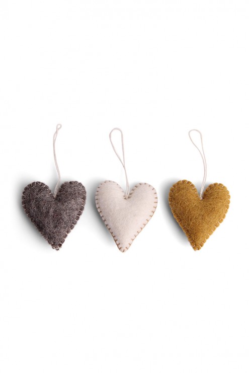 Hand felted Hearts with Stitching - Set of 3