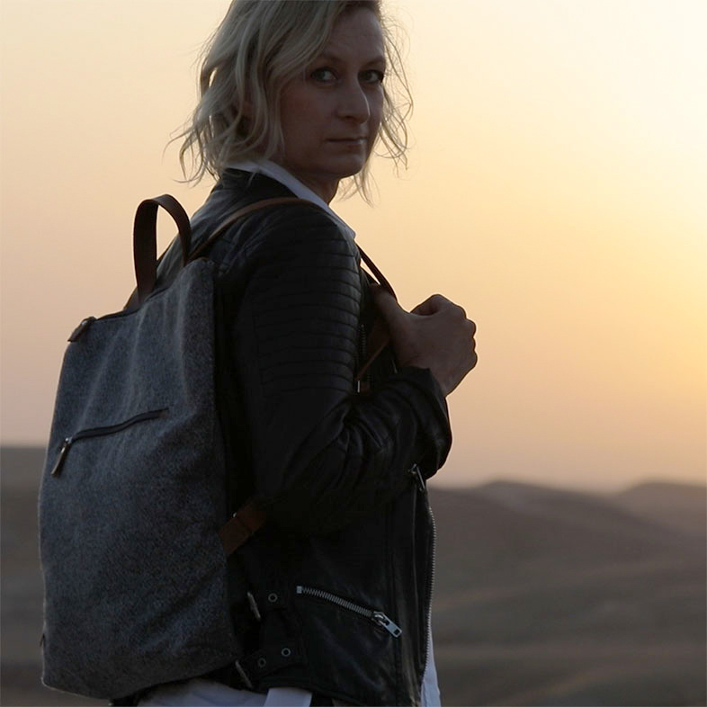 Rucksack aus Loden, leichter Damenrucksack, Tasche aus Stoff, Shooting Marrakech, Marokko